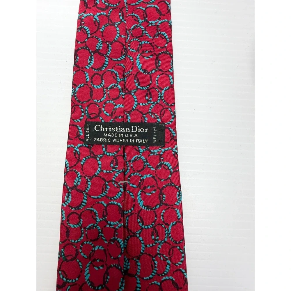 Christian‎ Dior Designer Tie Men's One Size Red Woven Rings Geometric Silk